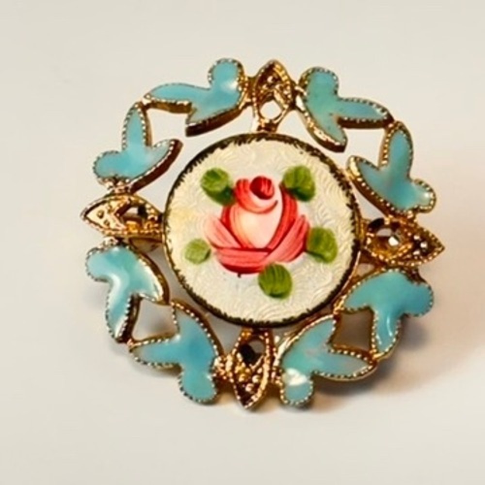 Vintage Enamel Rose Brooch Blue Gold Tone Floral Pin Cottagecore Victorian Style